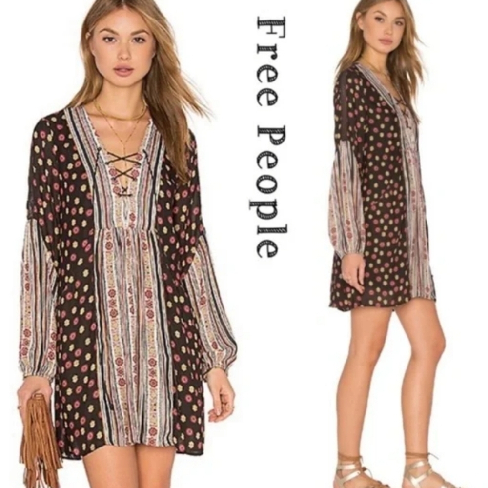 Free People Womens Rain Or Shine Pebble Print Tunic Mini Dress sz M